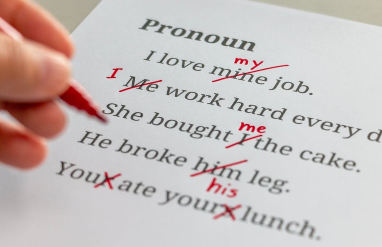 English pronoun grammar test sheet on table in classroom