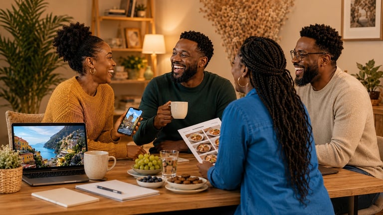 Four friends gathered around wooden table with laptop, coffee, and food during casual indoor meeting
