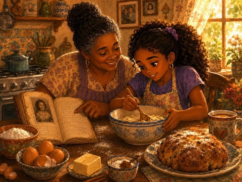 A grandmother and granddaughter baking together from an old recipe notebook