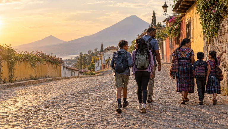 A family walking a cobblestone village road in Guatemala with a local mother and her children