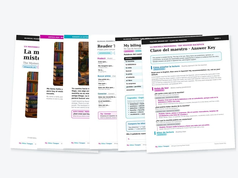 Six pages from the Bilingual Readers Club packet fanned out, showing the story, talk frames, vocabulary toolkit, and teacher key