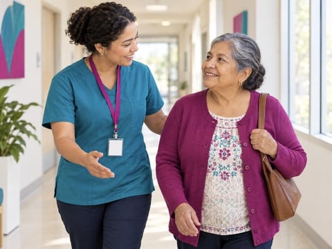 Healthcare worker in blue scrubs walking with elderly woman in purple cardigan through a bright hospital corridor