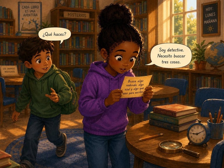 Two children in a school library reading a handwritten clue together
