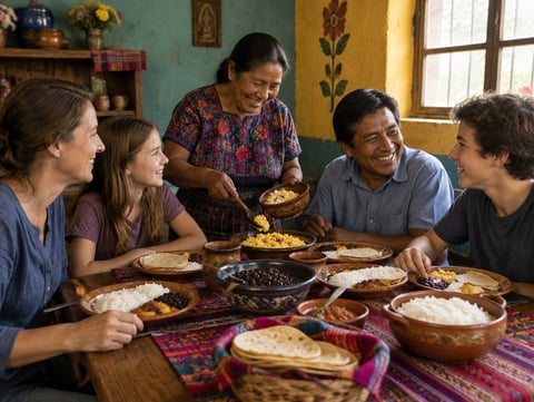 A visiting family sharing a meal with their Guatemalan host family
