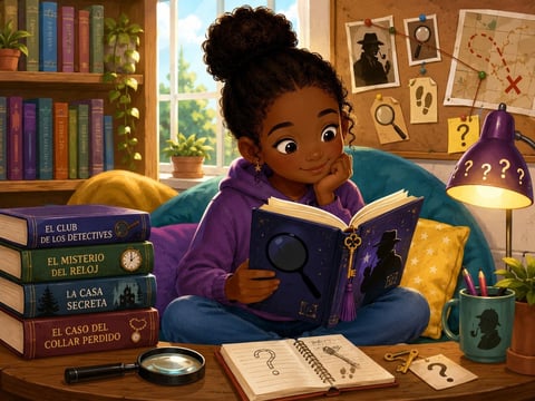A young reader with a mystery book in a library reading nook