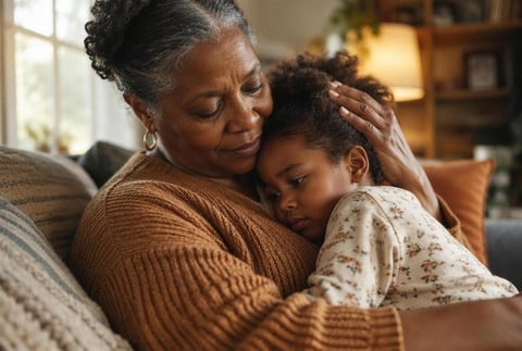 Grandmother hugging and comforting young child on a couch in a warm home setting