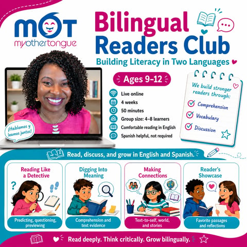 Bilingual Readers Club promotional poster featuring smiling instructor and program details for ages 9-12, highlighting English and Spanish literacy activities