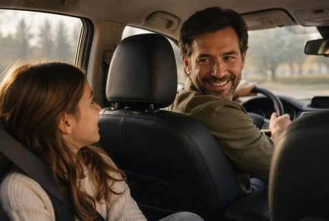 Man and woman smiling in car front seats while driving on a sunny day