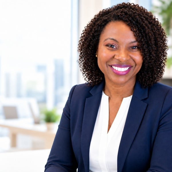 Professional headshot of a woman with curly dark hair wearing a navy blazer and white blouse, smiling in a modern office setting.