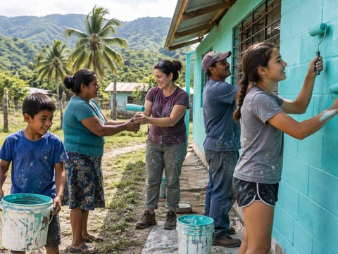 A visiting family painting a schoolhouse wall side by side with local community members