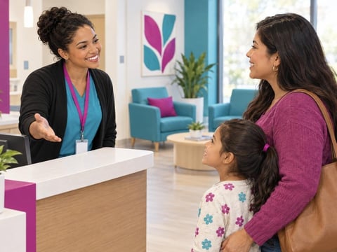 Woman with ID badge greets a mother and daughter at a modern office reception desk with colorful decor in background