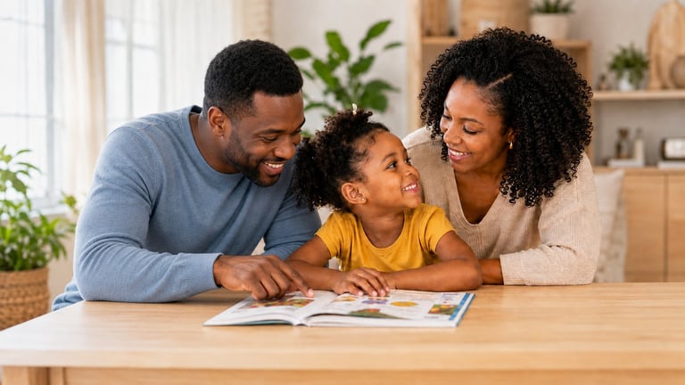 Two parents and a young child reading a book together at a table