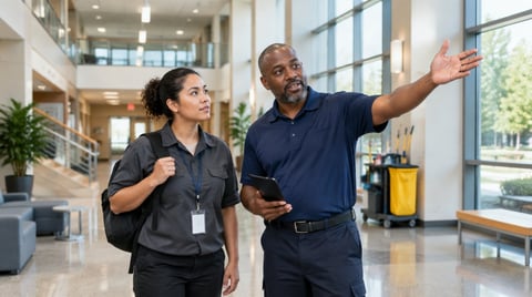Professional man and woman walking through modern office lobby discussing project with gesture of explanation