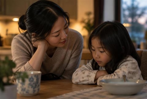 Asian woman and young girl sitting at a table together at home during evening time, smiling and spending time together