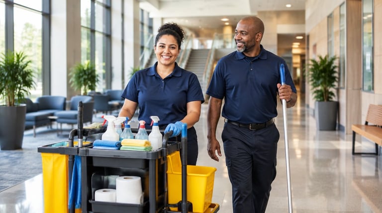Two janitorial workers in blue uniforms pushing cleaning supply cart down a modern office hallway with plants and glass walls