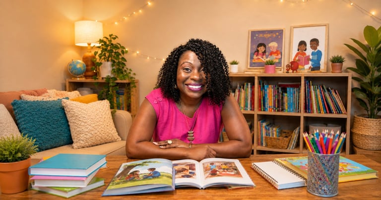 Woman in pink shirt smiling at desk with books, notebooks, and plants in cozy home office with warm lighting