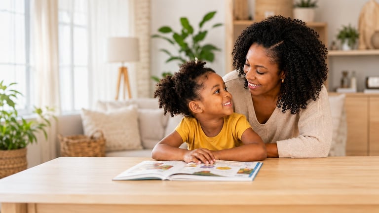 A mother and her young daughter looking at each other while reading together