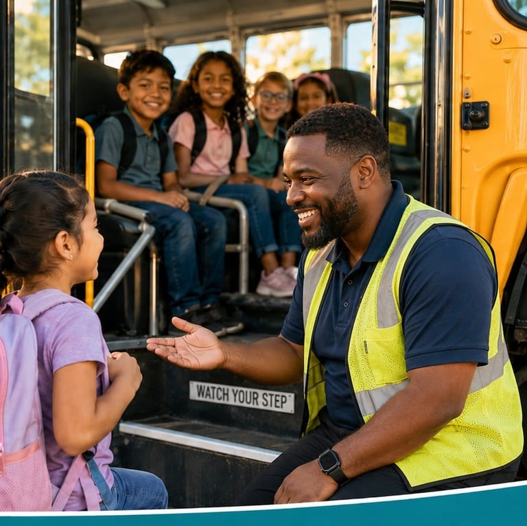 Bus driver in yellow safety vest greets a student while other children smile from inside the yellow school bus