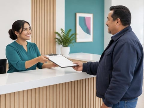 Woman at reception desk handing clipboard to man in modern office with teal wall and wooden accents