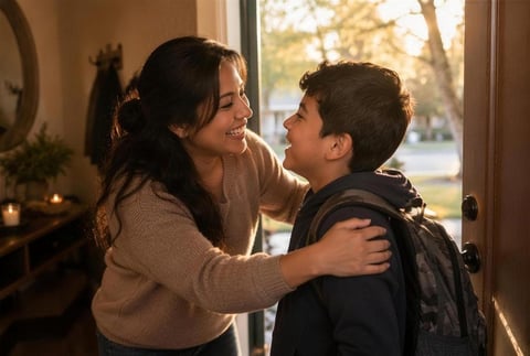 Woman and boy smiling at each other by a doorway with autumn trees visible through windows in background