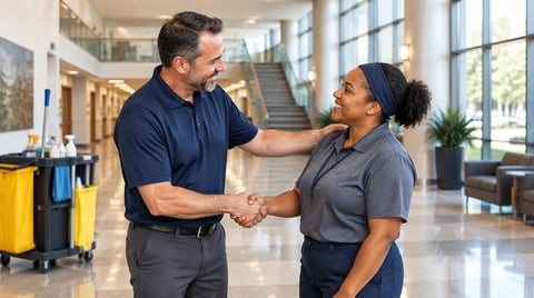 Male and female cleaning staff shaking hands in a modern office lobby with large windows and cleaning equipment visible