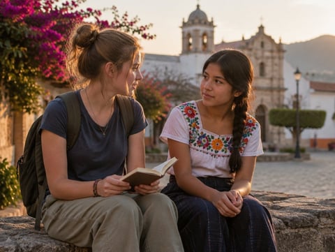Two teenage girls, one visiting and one local, talking on a stone wall in a town plaza
