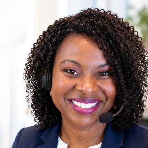 Professional woman with curly dark hair wearing a headset and navy blazer, smiling at camera