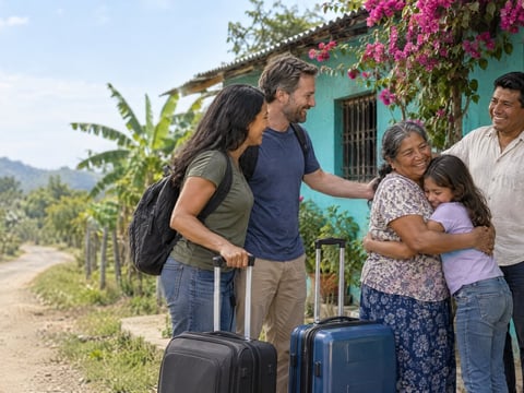 A host grandmother welcoming a visiting family at the door of her home in rural Honduras