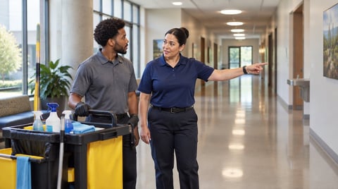 Two facility workers walking through a bright office hallway, one pushing a cleaning cart with blue supplies.