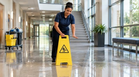 Maintenance worker in blue uniform placing yellow wet floor warning sign in a modern building hallway.