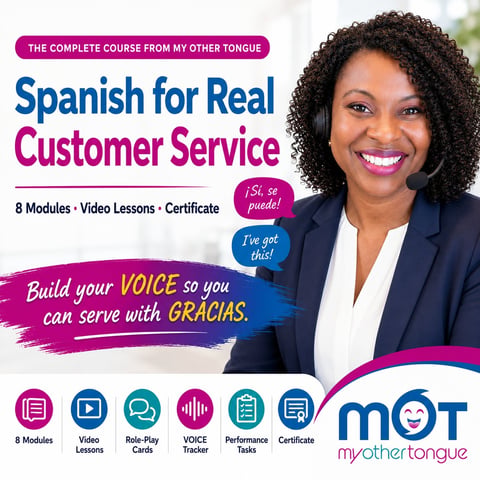 Spanish for Real Customer Service course advertisement featuring smiling woman instructor with course details and learning features
