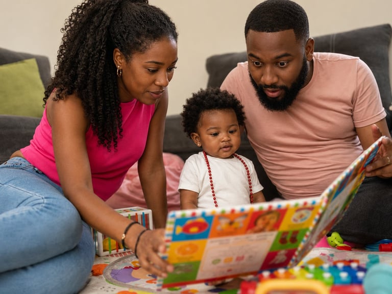 Family of three reading a colorful childrens book together on a couch