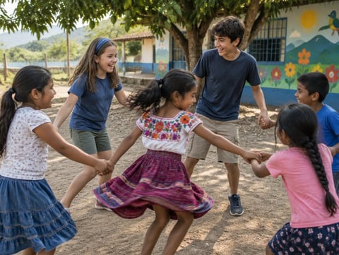 Visiting and local children playing a circle game together in a village schoolyard