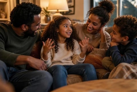 Family of four laughing together on a couch in a warm, well-lit living room