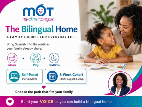 MyOtherTongue bilingual home course advertisement showing mother and daughter learning Spanish together with course options and instructor featured