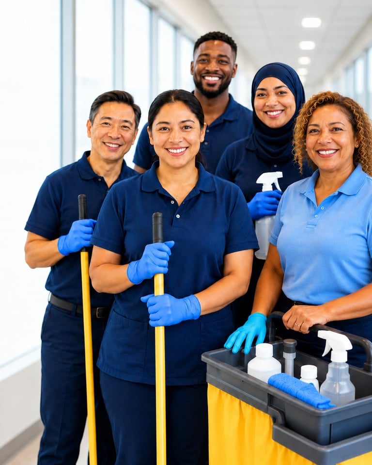 Diverse team of five cleaning service workers in blue uniforms with gloves posing together in a bright office hallway with cleaning supplies