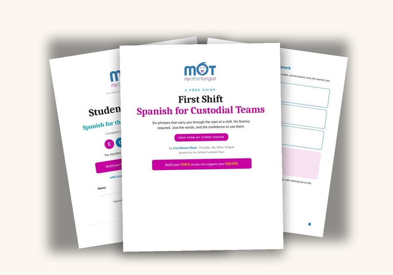 Three overlapping pages of MOT Spanish learning materials, including First Shift Spanish for Custodial Teams course materials