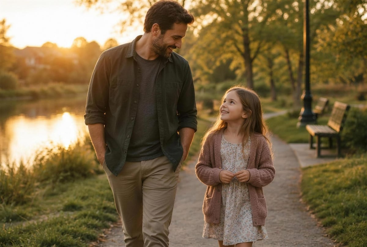 Adult man and young girl walking together on a park path by a river at sunset