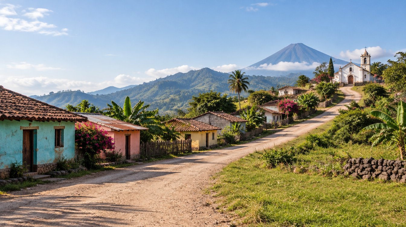 A dirt road winding through a Central American village toward a white church on a hill