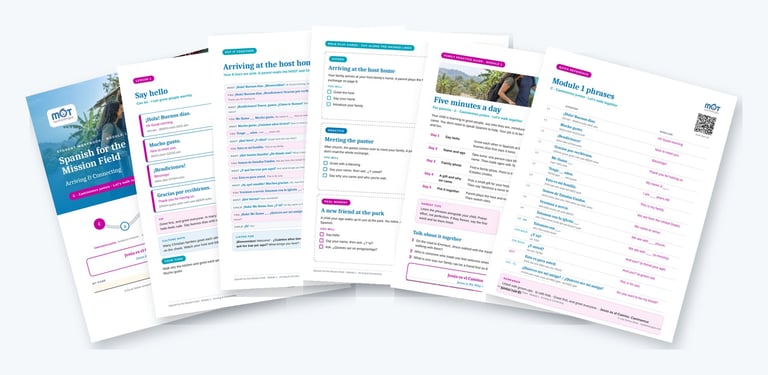 Six pages from the Module 1 workbook, role-play cards, Family Practice Guide and quick reference