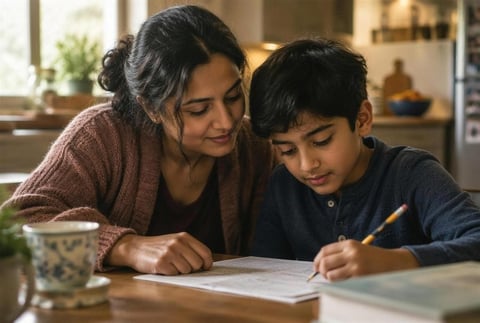 Mother helping young son with homework at a kitchen table in warm home lighting