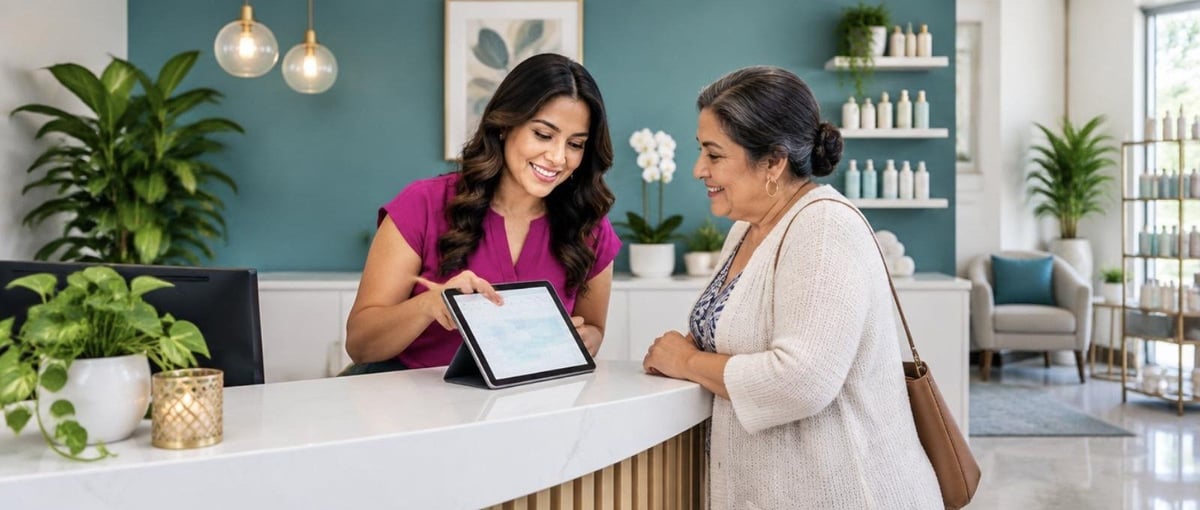 Woman in pink shirt at reception desk showing tablet to customer in beige cardigan in modern spa or salon interior