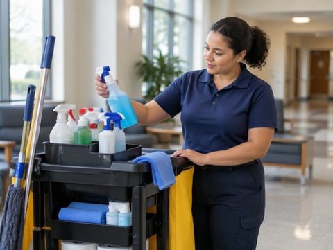Cleaning professional in blue uniform organizing supplies on a service cart in a modern office hallway