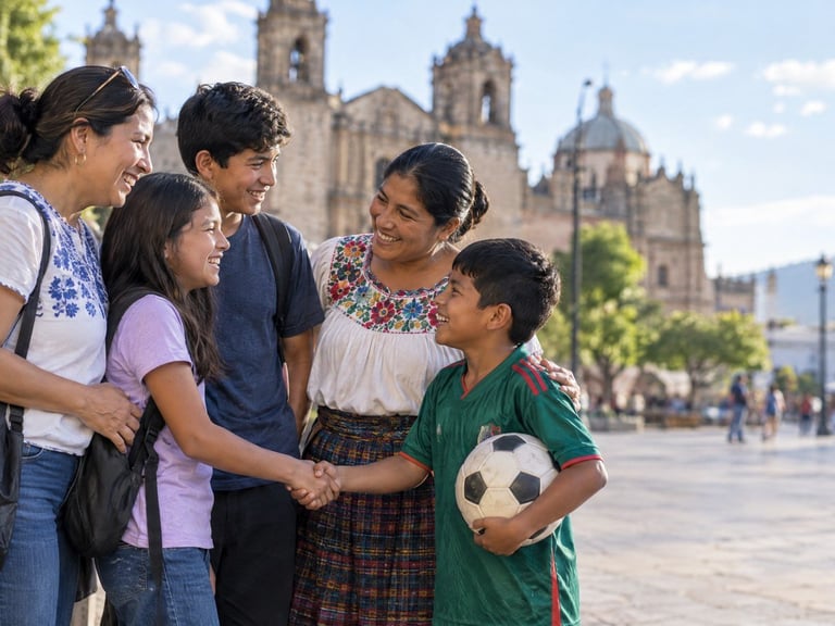 Two children shaking hands in a town plaza while their families look on