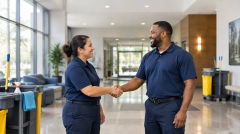 Two maintenance workers in navy uniforms shaking hands in a modern office hallway with cleaning equipment visible