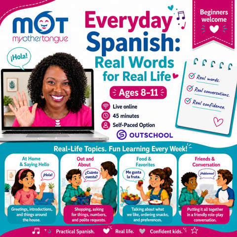 Everyday Spanish online course for children ages 8-11 featuring a smiling instructor and four real-life topic modules with cartoon illustrations