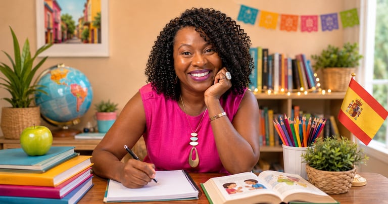 Woman in pink top smiling at desk with globe, books, and Spanish flag in educational setting