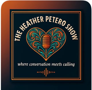 Logo for The Heather Petero Show featuring an ornate heart with microphone and tagline where conversation meets calling