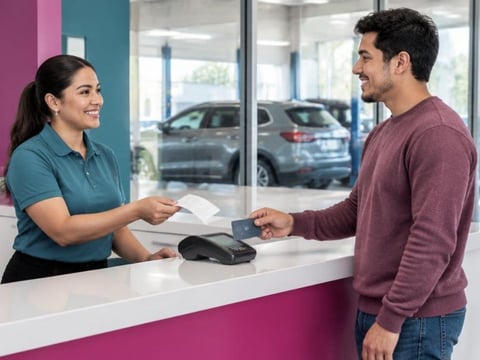 Customer receiving keys from receptionist at car dealership service desk