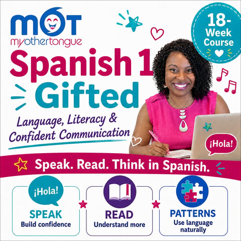 Spanish 1 Gifted course promotional banner featuring instructor in pink top, highlighting 18-week language literacy program with speak, read, and think in Spanish components